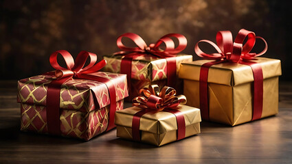 Obraz premium golden gift box with red ribbon