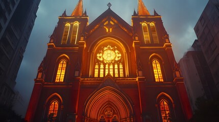Front view of the Notre Dame Cathedral of Saigon, glowing under soft golden light with its red brick facade, in 4K resolution