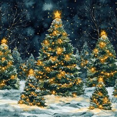 Obraz premium A serene winter night scene featuring snow-covered Christmas trees adorned with warm golden lights and shining stars.