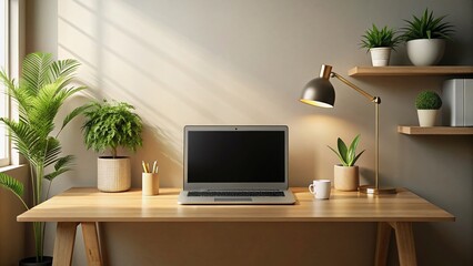 Fototapeta premium Minimalist Home Office: Blank Laptop Screen for Mockup & Text - Generative AI