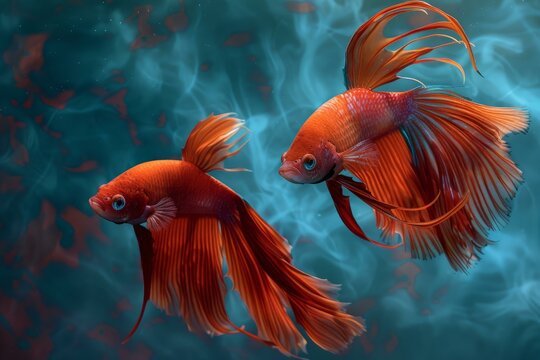 Two beautiful red betta fish swimming in an aquarium with a dark, smoky background