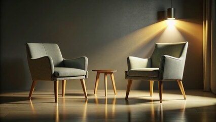 Fototapeta premium Minimalist Interior: Charcoal & Ivory Chairs in Low Light 3D Render