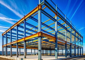 Minimalist Industrial Construction: Steel Beams and Concrete Against a Blue Sky