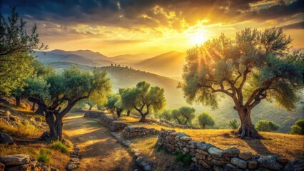 Fototapeta premium Sun-drenched Tuscan hills, ancient olive trees, vintage landscape photography.