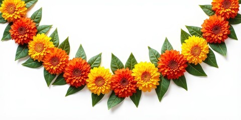 Obraz premium Indian Flower Garland - Mango Leaves and Marigold Flowers for Festive Decor and Cultural Celebrations Decoration for Indian hindu holidays or wedding. Diwali, makar sankranti, holi, new year 