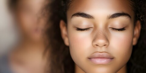 Fototapeta premium A person with closed eyes and natural facial features, showing a serene expression, with a blurred figure in the background. Concept Serene Expression, Closed Eyes, Natural Facial Features