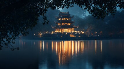 Obraz premium Front view of the iconic Tran Quoc Pagoda in Hanoi, glowing softly under twilight, with its reflection shimmering on the water, in 4K resolution