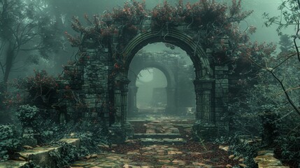 A dark, eerie forest with a stone archway leading into it