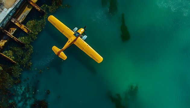 Bird eye view of a sea plane landing in the lagoon, with vibrant shades of blue and green below, in 4K resolution