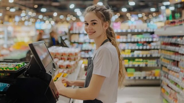 portrait of young beautiful woman cashier in supermarket