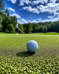 A golfer lines up to putt on a lush green course under a vibrant sky.