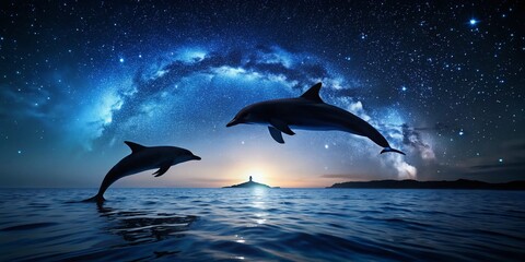 Fototapeta premium Minimalist Night Dolphins: Dark Ocean, Silhouetted Marine Life