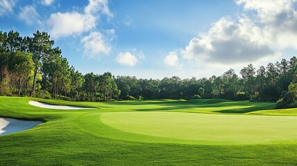 A serene golfing experience on a meticulously groomed course, Golf essentials elegantly displayed, Classic sporting style