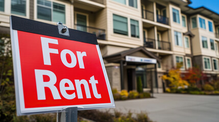 Fototapeta premium For rent sign displayed on a residential building, symbolizing opportunities for new beginnings and the dynamic nature of urban living.