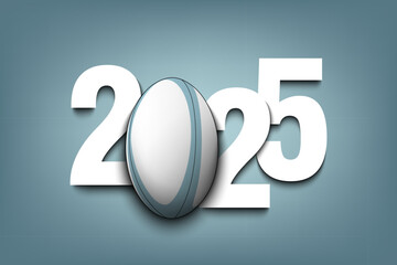 New Year numbers 2025 and rugby ball on an isolated background. Creative design pattern for greeting card, banner, poster, flyer, party invitation, calendar. Vector illustration