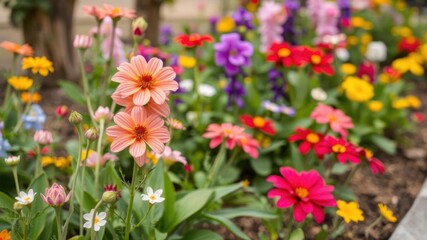 Obraz premium A Colorful Flower Garden in Full Bloom with Vibrant Blooms in a Variety of Colors Creating a Lush and Cheerful Ambience in a Sunny Outdoor Setting