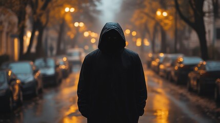 Mysterious hooded figure on a foggy street at night.