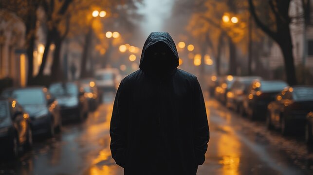 Mysterious hooded figure on a foggy street at night.