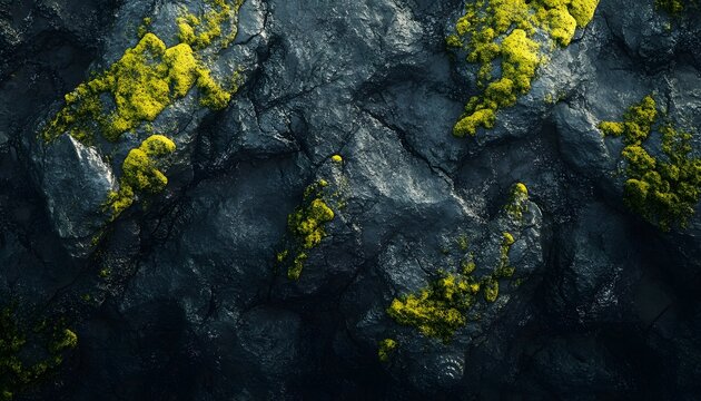 Bird eye view of the rugged lava fields of Eldhraun, with vibrant green moss creating intricate patterns under bright sunlight, in 4K resolution