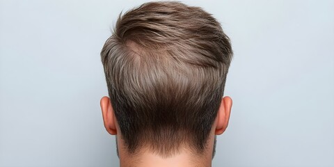 Fototapeta premium A close-up view of the back of a person's head, showcasing short, styled hair and the neck area against a plain background. Concept Close-Up Hair Details, Styled Short Hair, Neck Area Focus