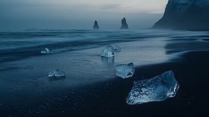 Front view of the tranquil Breioamerkursandur, with ice chunks glowing softly under twilight on a black sand beach, in 4K resolution