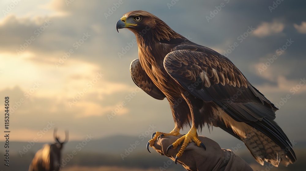 Poster Front view of a wild eagle perched on a nomads hand, with the vast steppe in the background under soft light, in 4K resolution
