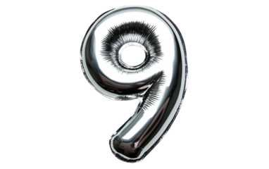 Number nine foil shiny metallic isolated on white or transparent background