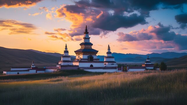 Front view of the Erdene Zuu Monastery, with its ancient white stupas glowing softly under a twilight sky, in 4K resolution