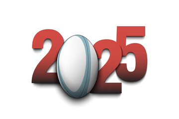 New Year numbers 2025 and rugby ball on an isolated background. Creative design pattern for greeting card, banner, poster, flyer, party invitation, calendar. Vector illustration
