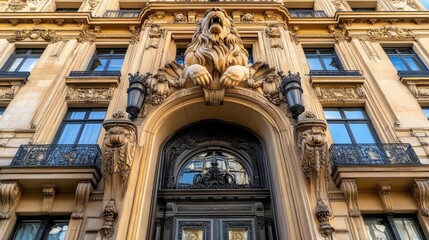 Ornate building facade featuring a lion sculpture above the entrance.