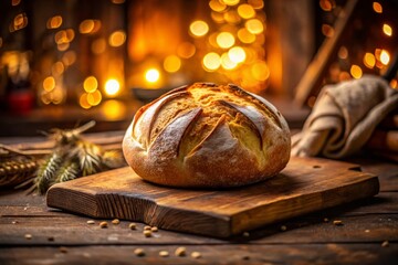 Obraz premium Minimalist Rustic Bread Bakery Stock Photo: Freshly Baked Loaf on Wooden Board