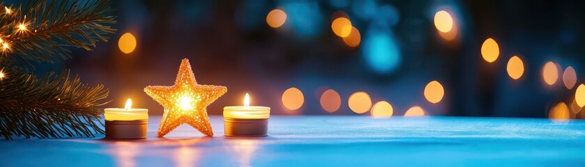 Candlelight dinner setup for Valentine's Day concept. Cozy holiday scene featuring candles, a star-shaped decoration, and soft bokeh lights creating a warm atmosphere.