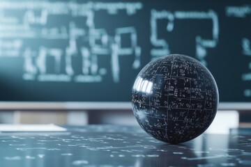 Black globe with mathematical equations on a desk in a modern classroom environment