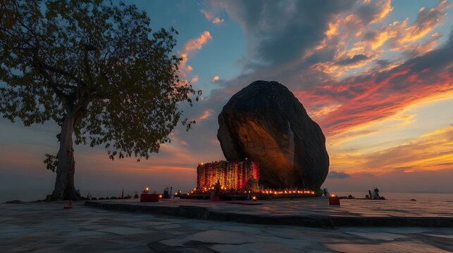 Front view of the serene Eej Khad sacred rock, with vibrant offerings glowing under a peaceful sky, in 4K resolution