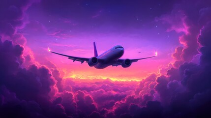 Airplane flying above purple clouds at sunset.