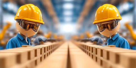 Two cartoon-like workers wearing helmets and safety goggles inspect wooden planks in a factory setting. Concept Cartoon Workers, Safety Gear, Factory Inspection, Wooden Planks, Manufacturing Safety