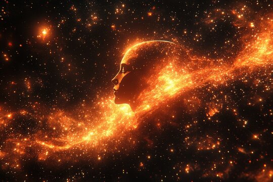 A luminous portrait of a woman's profile merging with cosmic elements, showcasing vibrant flames and stars, evoking a sense of wonder and infinity.