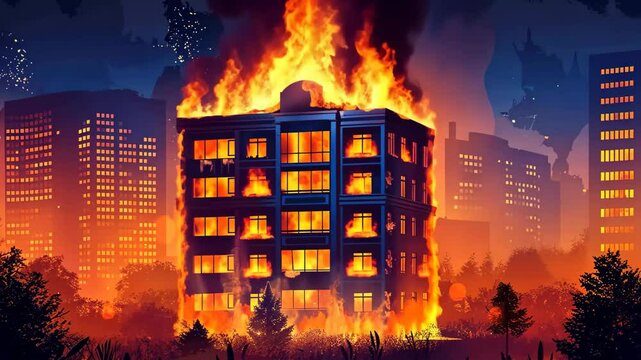 A Large Building Engulfed in Flames at Night With a City Skyline in the Background and Bright Embers Floating in the Air