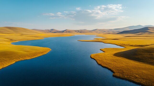 Aerial shot of the peaceful Bayan Lake, with its serene blue waters surrounded by vibrant golden grasslands, in 4K resolution