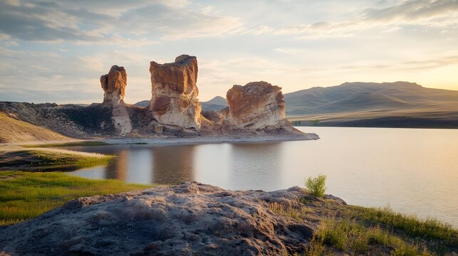 Front view of the striking rock formations at Khar Zurkhnii Khukh Lake, glowing under the golden hour light, in 4K resolution