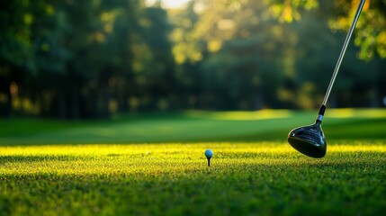 A serene golfing session on a lush green course, Golf clubs and tees set for precision play, Leisurely sport style