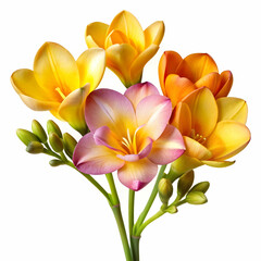 Fototapeta premium A freesia flower isolated on a transparent background, showcasing its elegant petals in vibrant shades of yellow, pink, or purple.