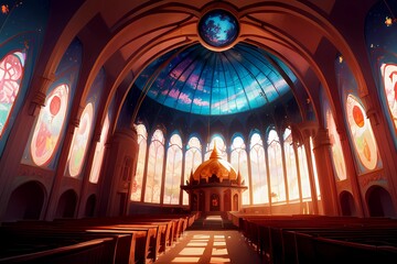 Obraz premium ゲーム背景 ステンドグラスのある屋内硝子ドーム教会