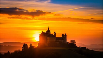 Obraz premium Minimalist Sunset Silhouette: Majestic Castle at Golden Hour
