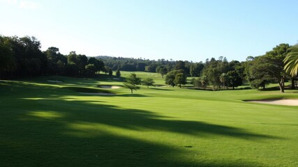 Fototapeta premium Lush Green Golf Course Landscape on a Sunny Day with Rolling Hills and Tree-Lined Fairways in a Serene Outdoor Setting
