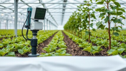 High-Tech Sensor in a Modern Greenhouse Overseeing Healthy Rows of Leafy Vegetables and Sustainable Farming Practices for Agricultural Innovation