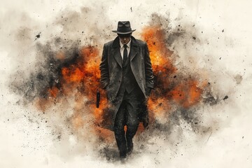 A mysterious male figure in formal attire walks through an explosive, dramatic scene, exuding confidence and intensity.