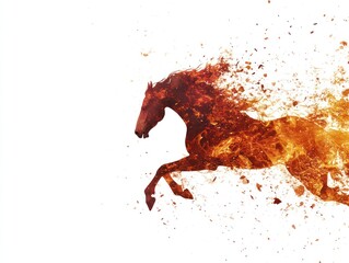 Fiery horse galloping with flames on white background. Dynamic and energetic design for posters or art prints
