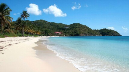 Fototapeta premium Serene Tropical Beach Scene with Palm Trees and Azure Waters