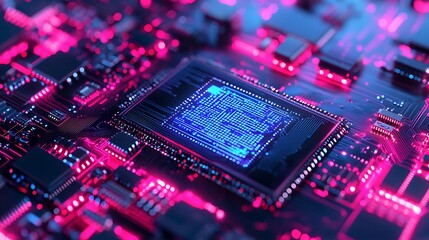 Obraz premium Neon Circuitry: A Glowing Microchip